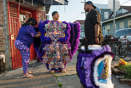 01- Monogram Hunters Big Chief Pie gets ready for Saint Joseph's Night in New Orleans on March 19, 2018. photo by Ryan Hodgson-Rigsbee RHRphoto.com