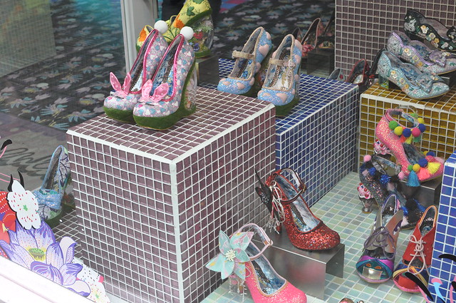 Funky high heel shoes on display at a London store
