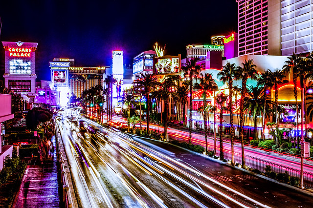 high energy electric long exposure of las vegas city streets at night