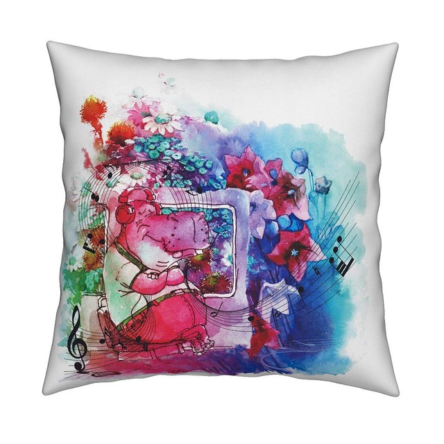 large hippo travel music flowers multicolor red turquoise green watercolor cushion by floweryhat