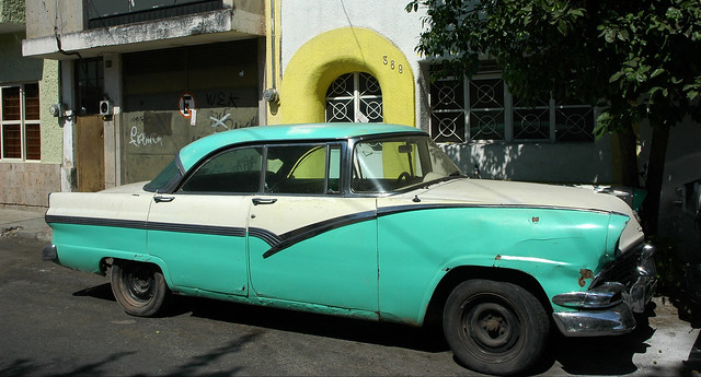 1950's duo-tone turquoise and white car, Mexico