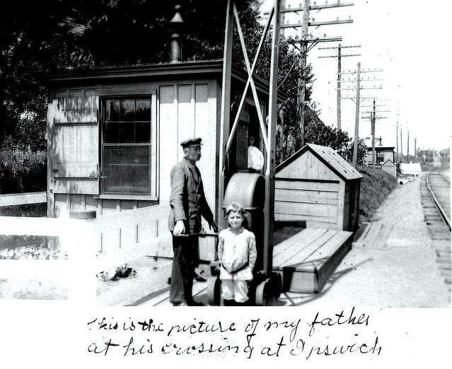B&M employee Billy Grimes with his daughter, Linda, at the Liberty Street (formerly Gravel Street), Ipswich, MA, c1900