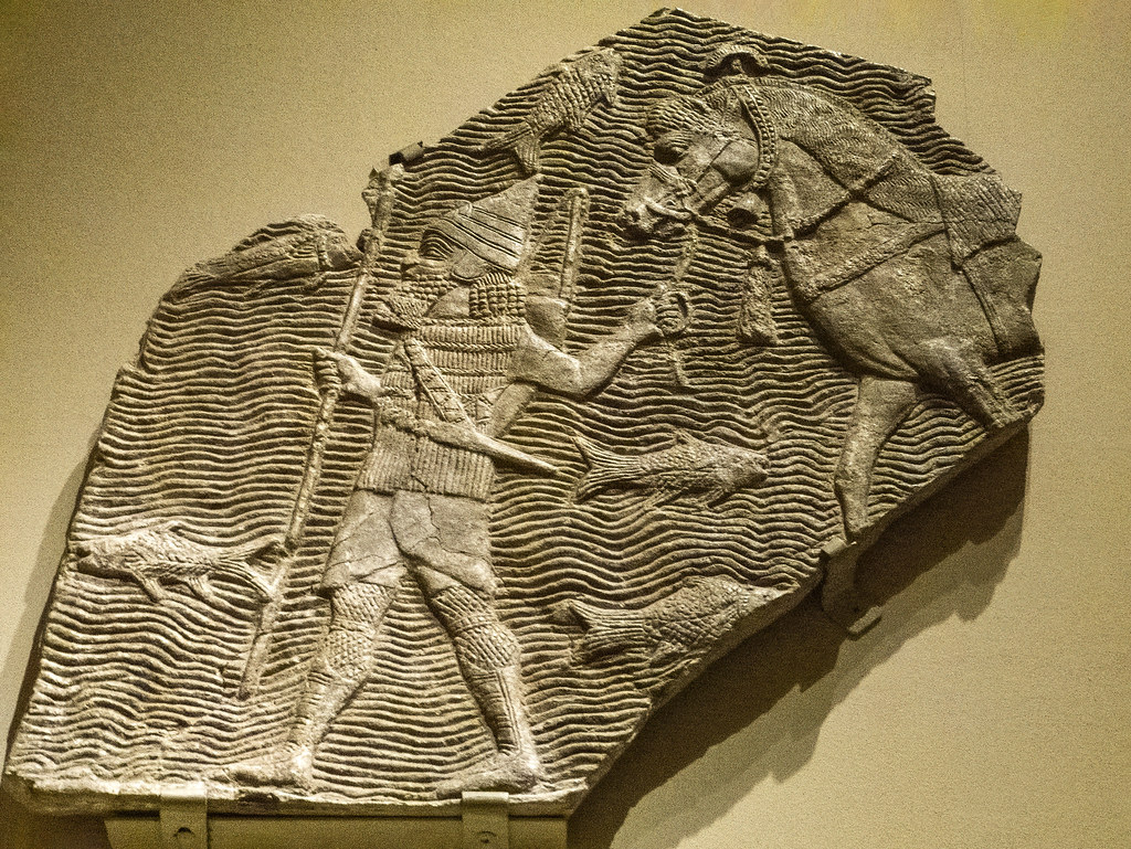 Relief depicting a cavalryman crossing a stream from the southwest palace of Sennacherib in Nineveh Neo-Assyrian Period 704-681 BCE