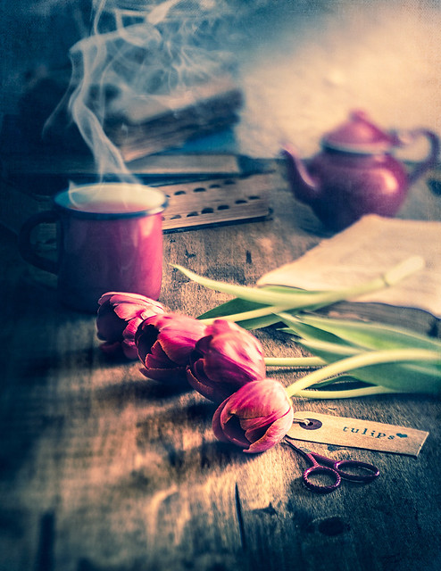Tea, flowers and books