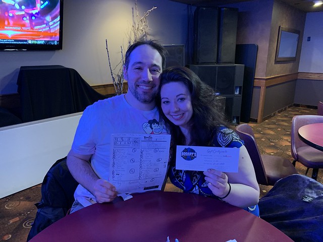 Thursday, February 14th at Bogart's: Second Place - Roses are Red, Trivia is Great. My Husband is Cheap, So This is Our Date (46 points)