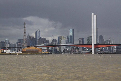 Looking back to the Bolte Bridge and the Melbourne CBD
