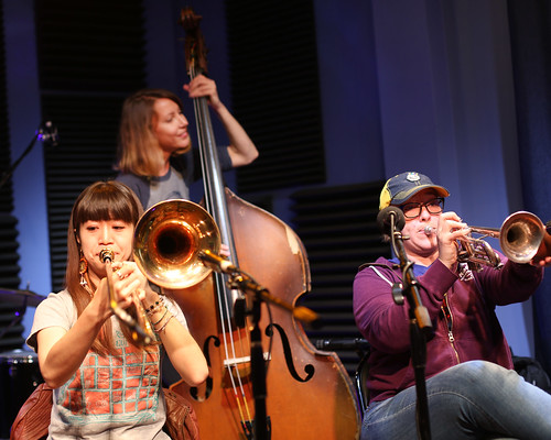 Shake 'Em Up Jazz Band on Day 4 of Spring Membership Drive - 3.16.18. Photo by Bill Sasser.