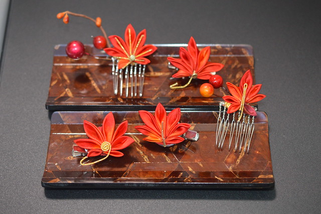Red Kanzashi. Handdyed fall leaves of silk.