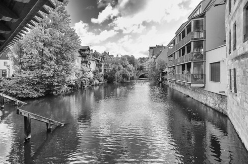 nuremberg germany europe sightseeing pegnitz river water hangmans bridge area outdoor view from bw black white photography monotone building architecture