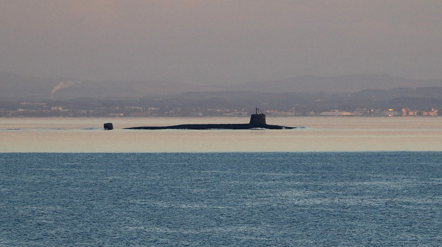 Late evening submarine heading down the Clyde.