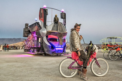 Furry Biker and Mutant Vehicle by Jacques aka Faceblind, Standing in the morning twilight near the Temple by the Warrior Mutant Vehicle, a disco art car at