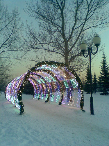tunnel light lighting view vue ville city tree cityscape sky ciel hiver season winter wintertime farole lamp streetlamp blue nokia shot europe russia moscow neige neve outdoor street snow perspective colourful beautiful arch decoration metallicobject irondetail firtree