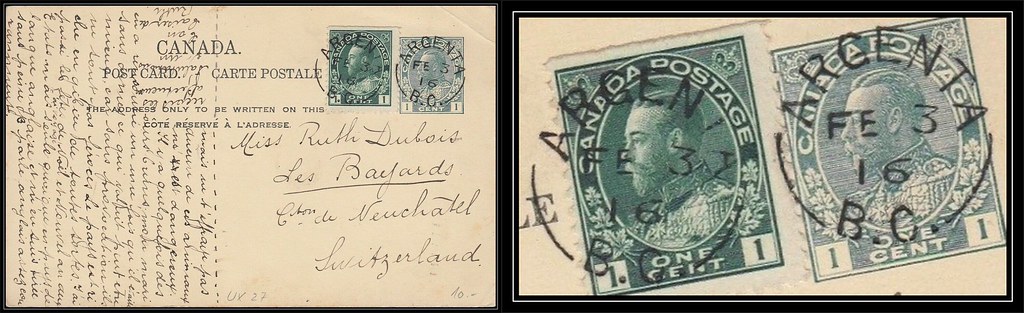 British Columbia / B.C. Postal History - 3 February 1916 - ARGENTA, B.C. (split ring / broken circle cancel / postmark) to Les Bayards, Canton de Neuchâtel, Switzerland