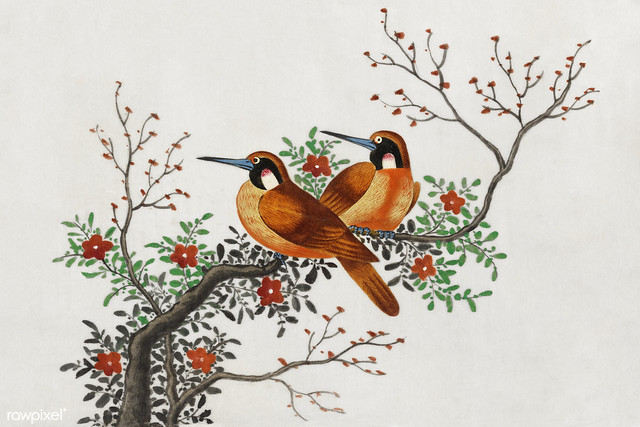 Chinese painting featuring two birds on a flowering tree branch (ca.1800–1899) from the Miriam and Ira D. Wallach Division of Art, Prints and Photographs: Art & Architecture Collection. Original from the New York Public Library. Digitally enhanced by rawp