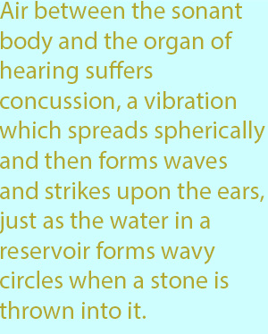 7-1  the air between the sonant body and the organ of hearing suffers concussion, a vibration which spreads spherically and then forms waves and strikes upon the ears, just as the water in a reservoir forms wavy circles when a stone is thrown into it.