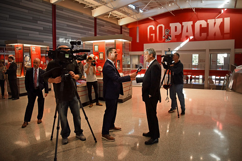 New athletics director Boo Corrigan answers a question from WRAL-TV sports director and NC State alumnus Jeff Gravley.