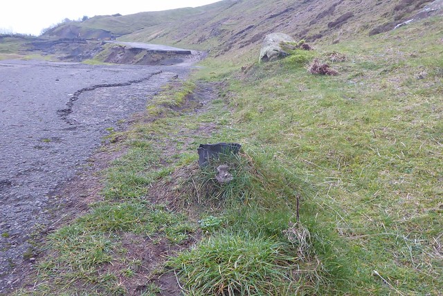 Remains of  bollard at collapsed A625, Mam Tor, Derbyshire.   December 2018