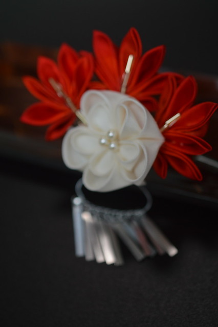 Maple Leaves and White Plum Blossom Kanzashi.