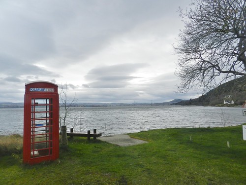 red telephone box information info black isle scotland highlands iconic trees grey day cool clouds eerie allanmaciver