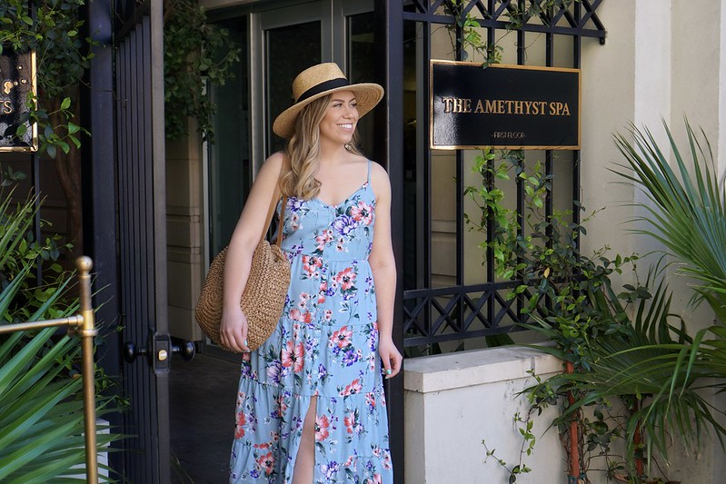 Blue Floral Midi Dress | Straw Hat Outfit | First Timer's Guide to 3 Days in Charleston South Carolina | What to do in Charleston | Charleston Travel Guide | Best Things to do in Charleston | Best Places to visit in Charleston | Summer Outfit Ideas | Charleston Outfit Ideas | Best Outfits for Vacation | Charleston Packing List | Spring Outfit Ideas