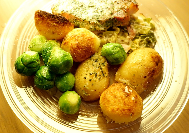 Pork Chop with Roast Potatoes and Sprouts