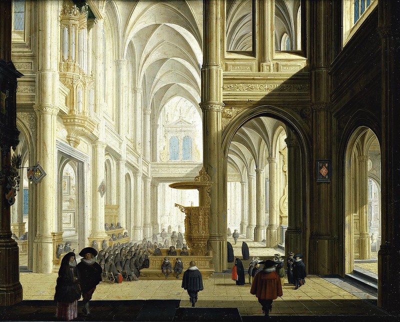 Dirck van Delen - The interior of a Gothic cathedral, with numerous elegant figures, and women listening to a bible reading