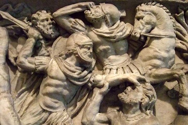 Battles Roman Sarcophagus with Battle Scene Antonine Period  2nd century CE Marble MH 720X480
