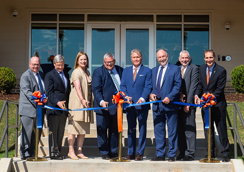 Pictured, from left, are Auburn Trustee Bob Dumas; donors Buddy Miller and wife Pinney Allen; Northey; Alabama Poultry and Egg Association CEO Johnny Adams; Auburn President Steven Leath; Head of the Department of Poultry Science Don Conner; and Dean of the College of Agriculture Paul Patterson.