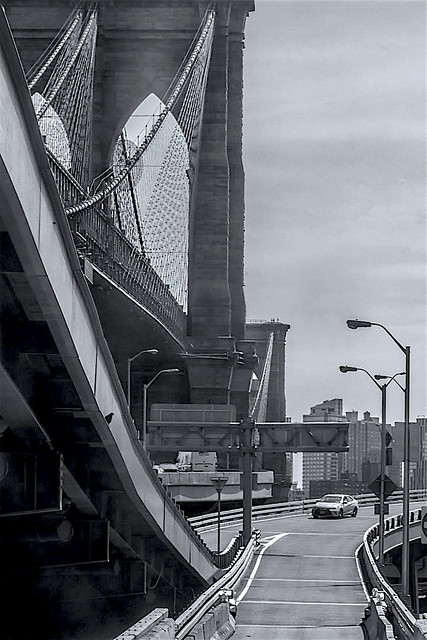 Brooklyn Bridge Architectural View and Ramp Exit and Roadway in Monochrome