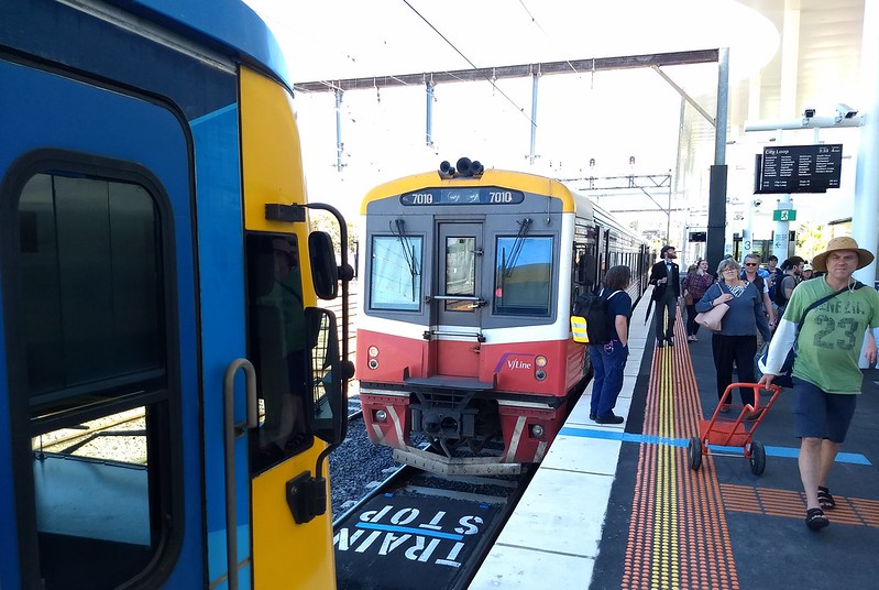 Trains to Melbourne and Stony Point waiting at Frankston