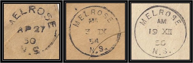 Nova Scotia Postal History - 27 April 1950 / 3 September 1954 / 19 December 1956 - MELROSE (Guysborough County), N.S. (split ring / broken circle / cds cancel / postmark) on piece
