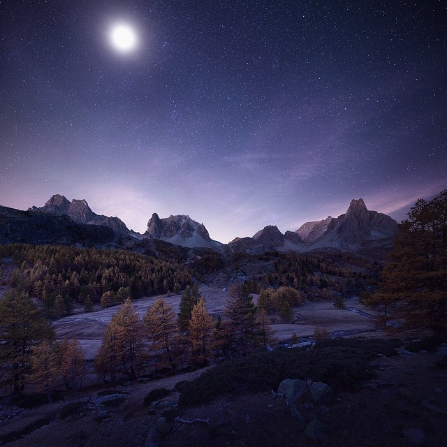 Under the moonlight in the French Alps
