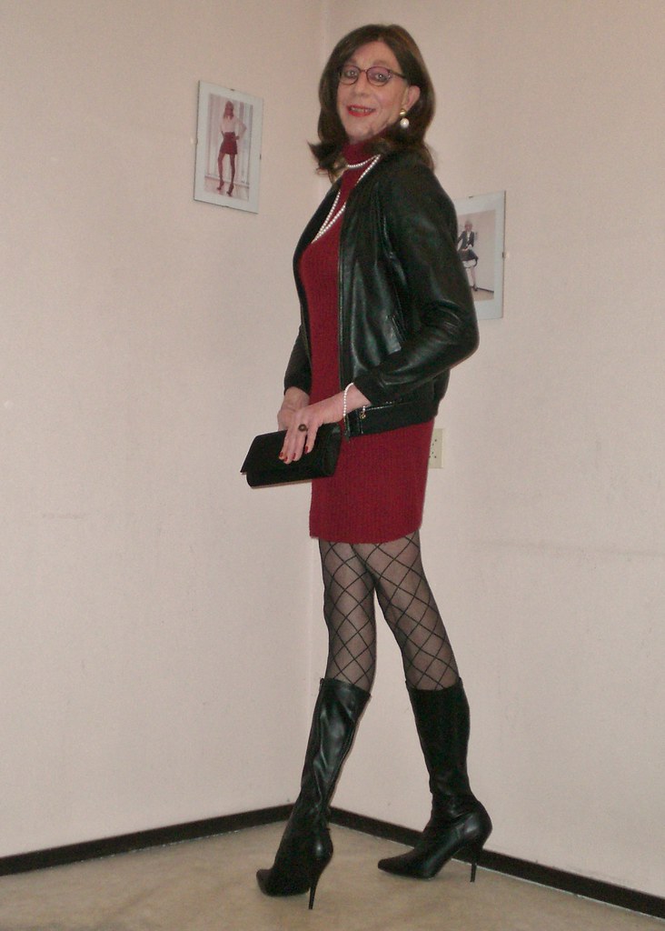 Red dress and black boots.