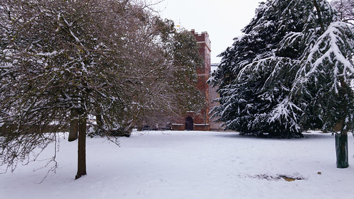 Snow scene with church tower