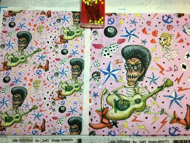 “Rockabilly Bone Daddy Crush”, pink version, large and small scale fabric test swatches. My original design created with graphite pencils and pastel pencils.