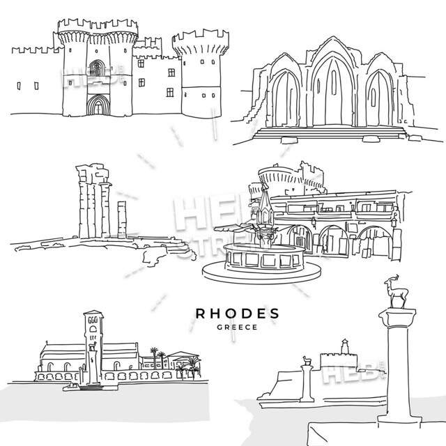 Rhodes Greece landmarks drawings