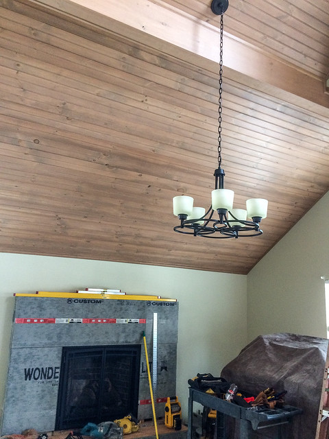 New ceiling, new lighting, and new fireplace is started
