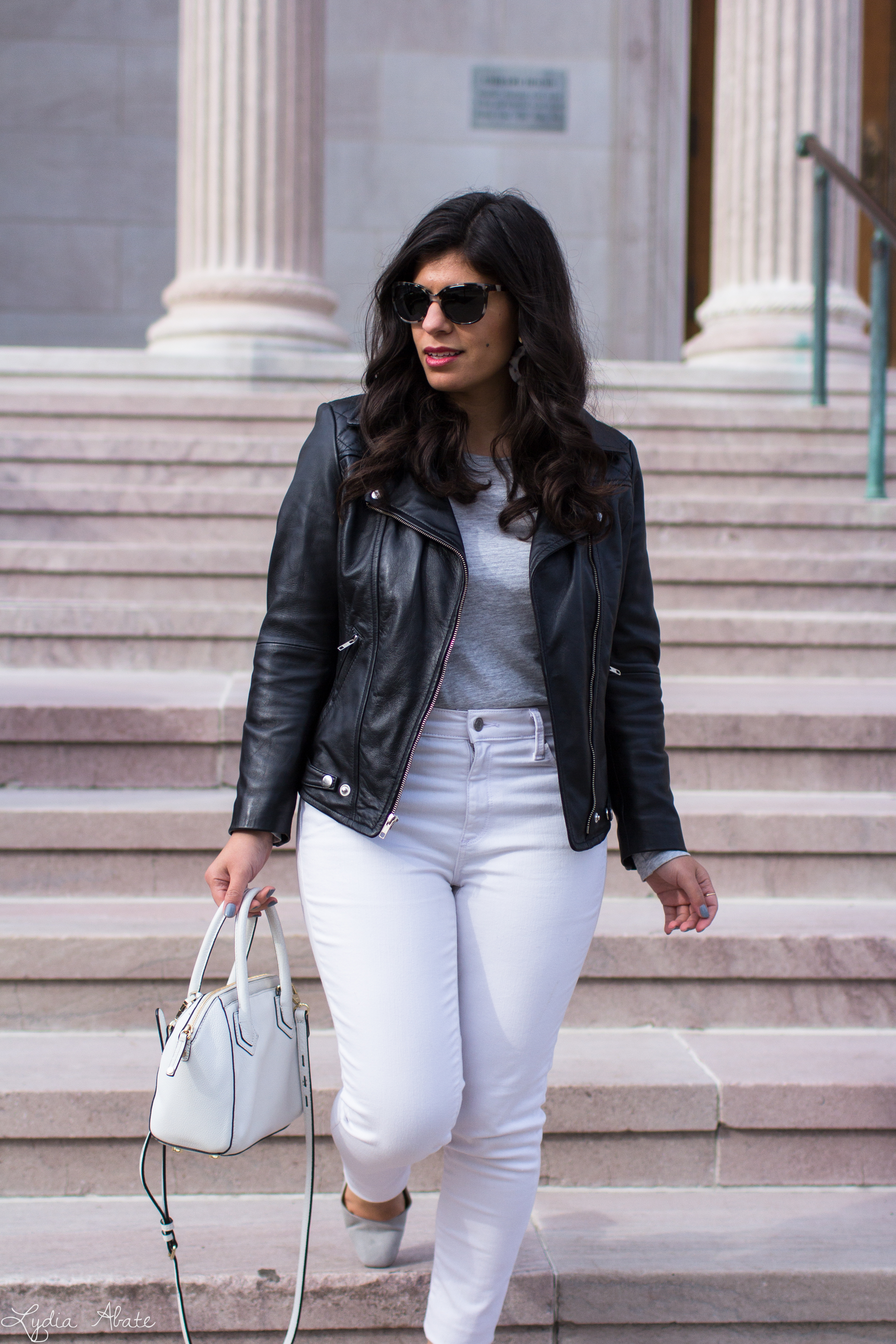 black leather jacket, white jeans, grey tee, suede slingback heels-5.jpg