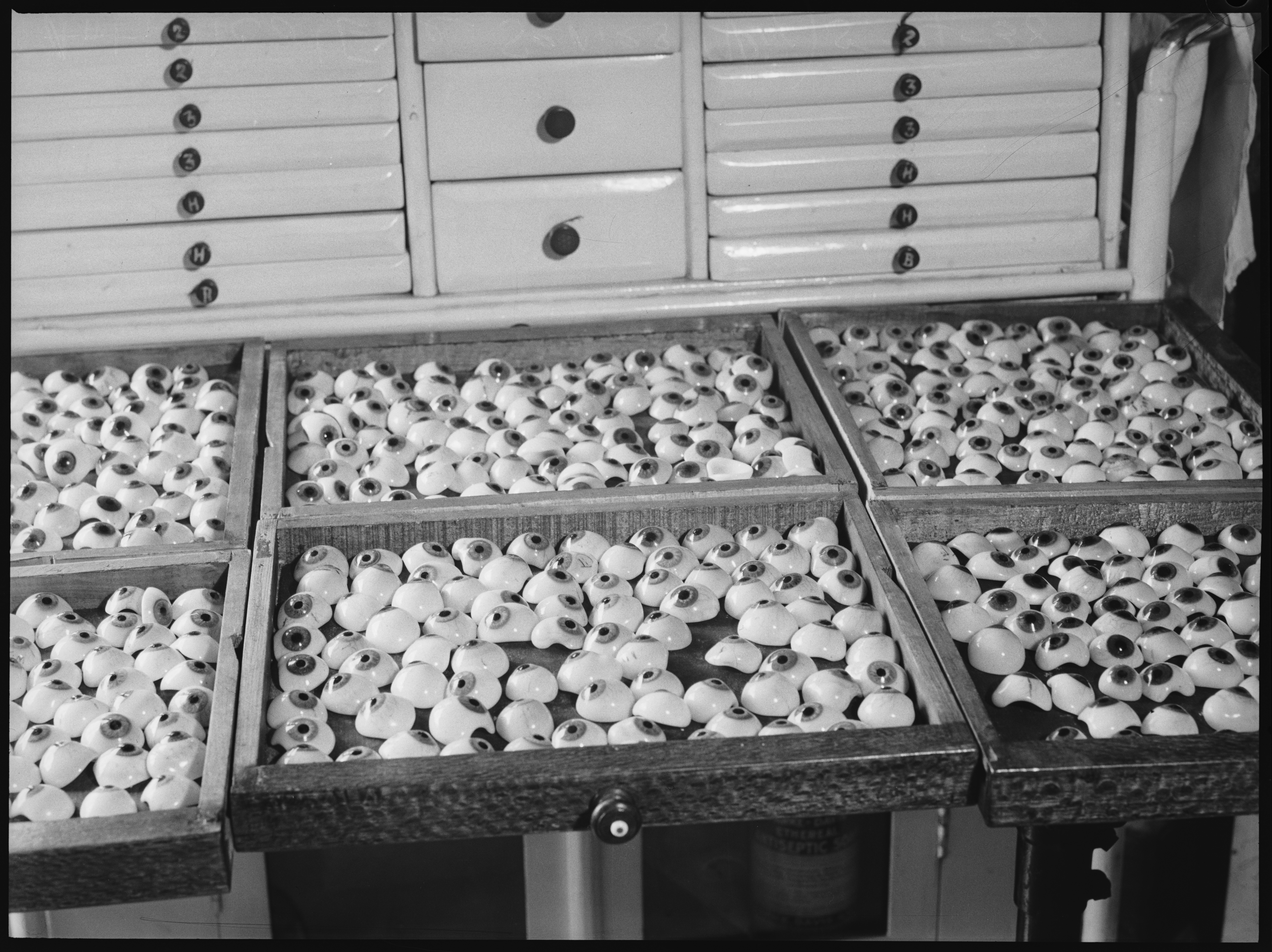 Tray of artificial eyes, 5 April 1938 / photographed by Ivan Ives