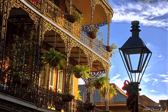 French Quarter balcony and street lamp