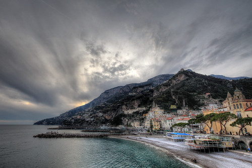 horizontal outdoors nopeople landscape seascape houses village hill mountain beach coast sea water sky clouds cloudy sunset weather light colourful hdr highdynamicrange colour color travel travelling february 2018 vacation canon 5dmkii camera photography amalfi amalficoast campania gulfofsalerno italy europe