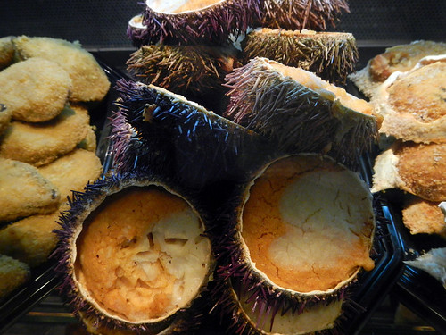 Sea urchins for sale at Mercado San Miguel in Madrid, Spain