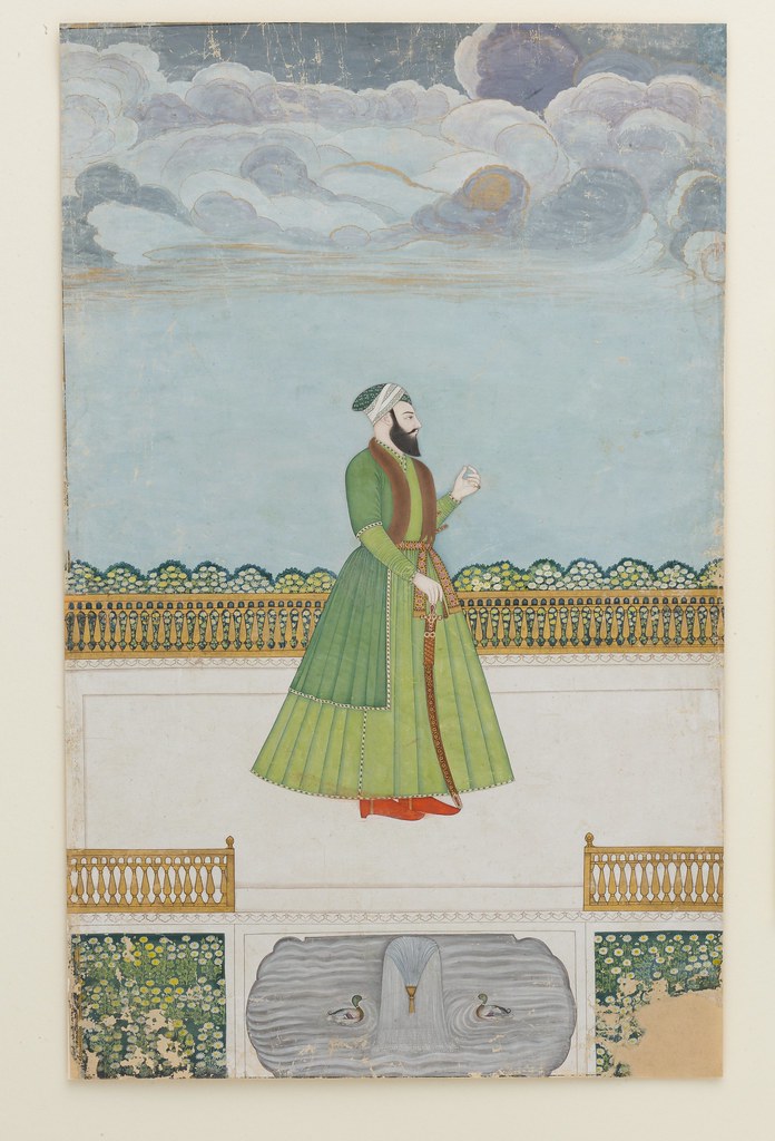 Nobleman on a Terrace Object Name:Illustrated single work Date:ca. 1780 Geography:Attributed to India, Murshidabad Medium:Ink, opaque watercolor, silver, and gold on paper Dimensions:34 x 21.3 cm Classification:Codices