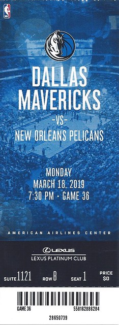 March 18, 2019, Dallas Mavericks vs New Orleans Pelicans, American Airlines Center, Dallas, Texas - Ticket Stub