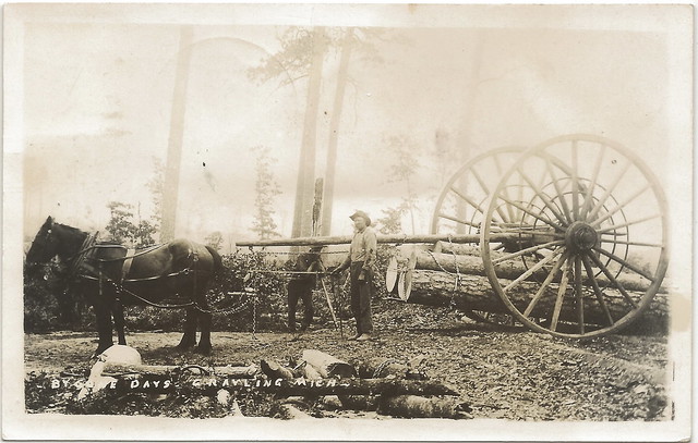 JACKS NE Grayling MI RPPC INDUSTRY LOGGING Sent from a Teacher to her Student Draft Horse Team locally made BIG WHEEL with Michigan Pine