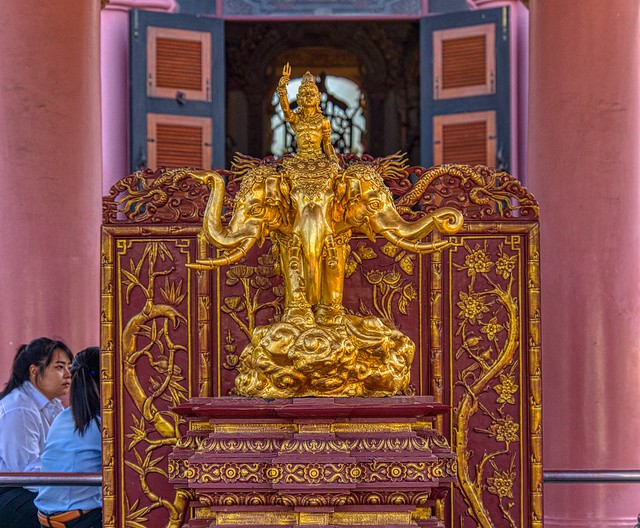 Statue of Indra riding Erawan the 3-headed elephant god at the Erawan Museum in Samut Phrakan near Bangkok, Thailand