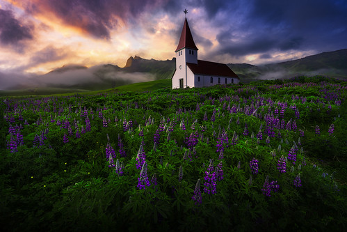 church vik iceland southern lupines sunset sunrise clouds colorful colortheory lightshaping luminosity photoshop sony a7r3 a7riii wideangle fullframe earlymorning