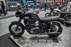 Triumph Bonneville T100 Black motorbike at the 35th Thailand International Motor Expo at IMPACT Challenger hall in Muang Thong Thani, Nonthaburi