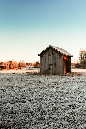 Tiny Barn House On The Frosty Fields | by k009034