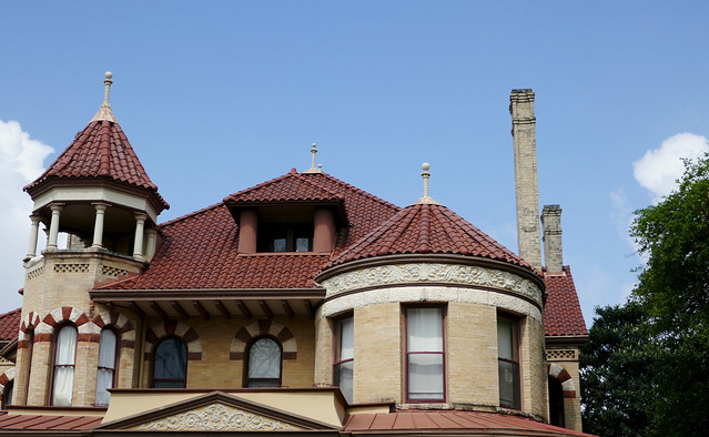 Towers and chimneys on an old mansion - King William District, San Antonio